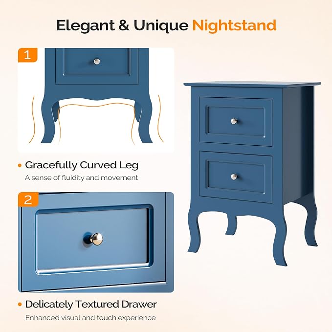 Bonnlo Blue Nightstand Set of 2, Blue Night Stands with Drawers for Bedroom, Kids Room, Living Room, Wood, 15.75" W x 11.8" D x 23.6" H