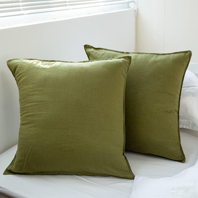 Simple&Opulence 100% Washed Linen Euro Shams 26'' x 26'' Pack of 2, Basic Style Solid Color Natural Flax Farmhouse Decorative Square Throw Pillow Covers for Bed Couch Sofa - Olive Green