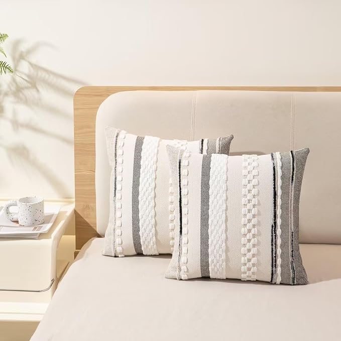 Boho Throw Pillow Covers Decorative Neutral Farmhouse Pillow case | 18x18 Set of 2 Cushion Case Striped Square Pillows Cover Couch Pillow Cases Accent Pillowcase for Sofa Bed,White