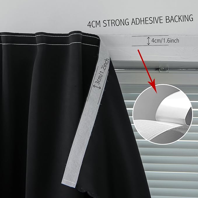Blackout Curtains with Self Adhesive Tape No Rod No Drill Easy Install Window Cover for Bedroom Kitchen Dorm 46" W x 71" L Black 1 Panel