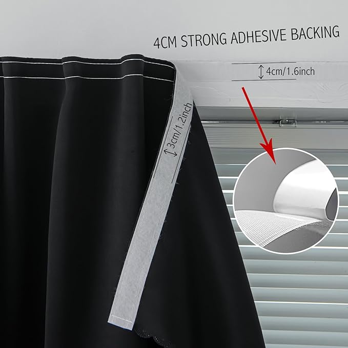 Blackout Curtains with Self Adhesive Tape No Rod No Drill Easy Install Window Cover for Bedroom Kitchen Dorm 34" W X 79" L Black 1 Panel