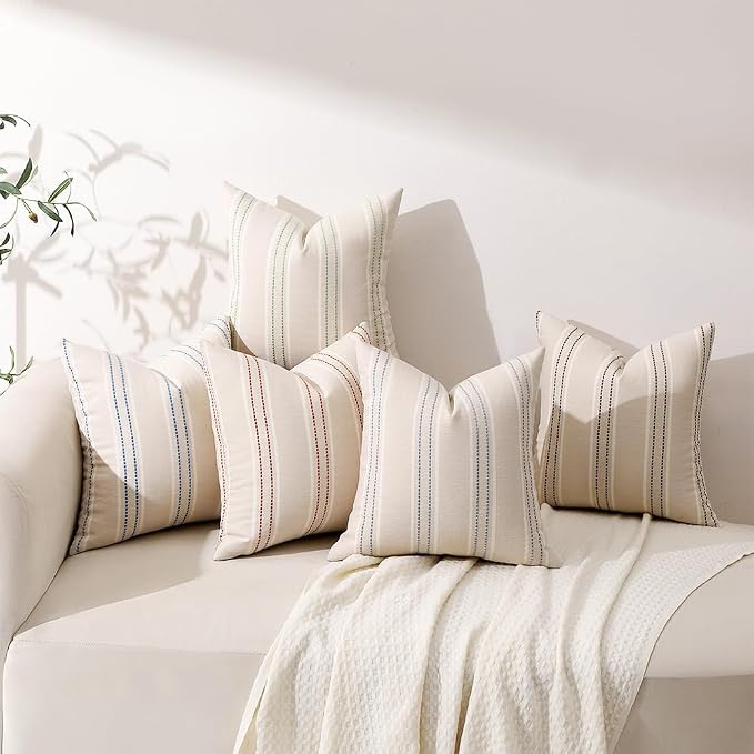 Hckot Stripe Throw Pillow Covers 16x16 Set of 2 Light Green Pillow Covers | Farmhouse Decorative Pillows Textured Linen Square Cushion Covers for Sofa Couch Bed Living Room Decor
