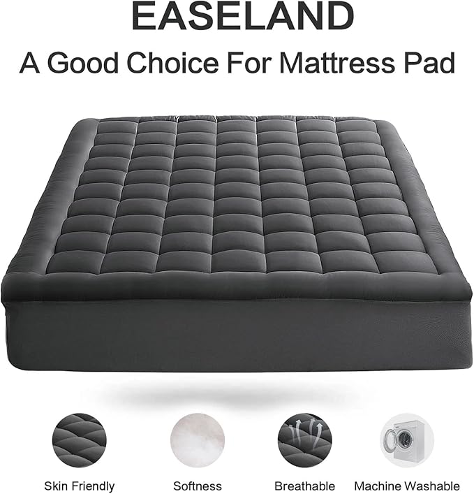 EASELAND King Mattress Pad Cotton Pillow Top Mattress Topper Dark Grey | Cooling Mattress Cover Cotton Top,8-21" Deep Pocket Protector,78x80 Inches,Boxing Quilted & Machine Washable