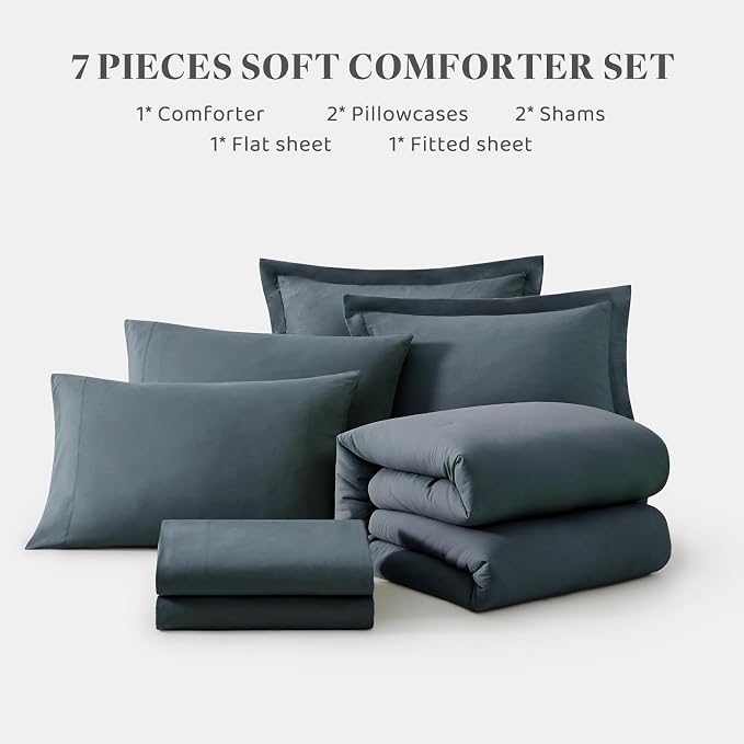 Queen Comforter Set-7 Pieces Soft Prewashed Bed in a Bag Queen Bedding Sets | All Season Comforter with Sheets, Pillow Shams & Pillowcases,Blue Grey