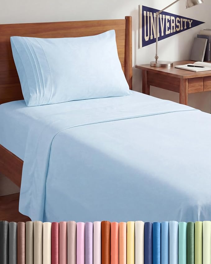Twin XL 3 Piece Sheet Set - College Dorm Room Essentials - Light Blue | Deep Pocket Bed Sheets for Women, Men, Teens & Students, Soft, Cooling, Breathable & Wrinkle Free, Oeko-Tex Bed Sheet Set