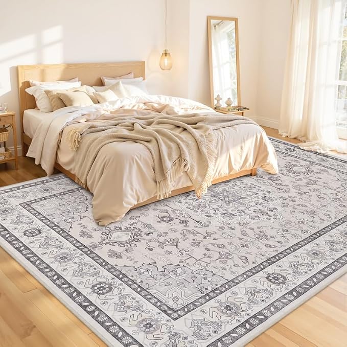 10x12 Area Rugs Living Room: Bedroom Washable Carpet Beige & Grey | Large Vintage Boho Indoor Decor Neutral Soft Nursery Farmhouse Dining Room Office Floor Non-Slip Low Pile Under Table Rug