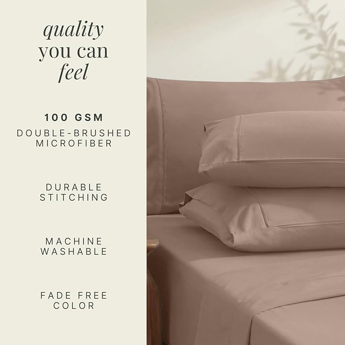 Hearth & Harbor Extra Deep Pocket Sheets - Fits Mattress 18-24 Inches Deep - Extra Deep Pocket Twin Sheets Sets - 4 Piece Twin Size - Taupe