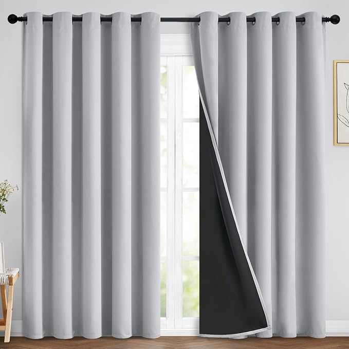 Yakamok Light Grey 100% Blackout Curtains 84 Inches Long 70" Wide 2 Panel | Blackout Curtain Panels for Bedroom, 2 Thick Layers Grommet Top Thermal Insulated Drapes with Black Liner for Living Room