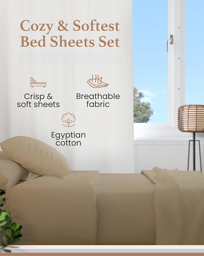 Good Sleep Bedding California King Sheet Sets, 4 Piece, 100% Egyptian Cotton Cal King Sheet Set, Sateen Weave, Ultra-Soft, 16" Deep Pocket California King Sheet Set - Taupe