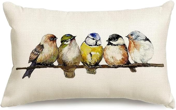 RABUSOFA Watercolor Birds Pillows Decorative Throw Pillows 12x20,Hand-Painted Oil Painting Rustic Birds Lumbar Pillow Cases,Cute Colorful Spring Summer Decorations for Home Couch Sofa Outdoor