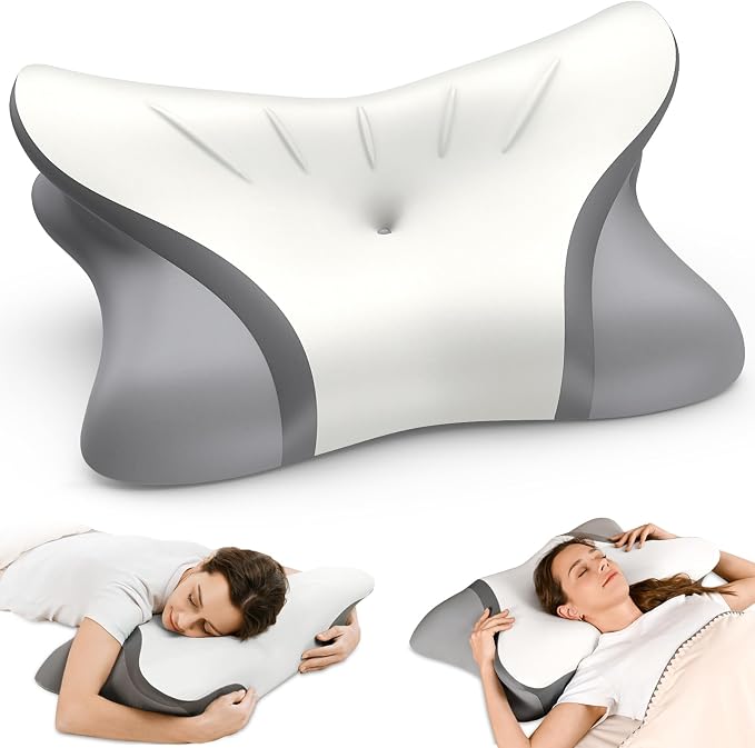 Pain Relief Cervical Neck Pillow, Ergonomic Contour | Q-Max Cooling | Non-Temperature Memory Foam | Side/Back/Stomach Sleeper Support for Sleeping, Reading, Scrolling,(White & Dark Grey)