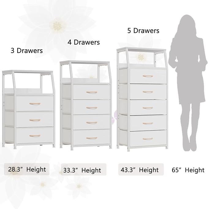 Furnulem White Tall Dresser for Bedroom, 5 Fabric Bins Tall Nightstand | Dorm Dresser, Vertical Storage for Closet, Chest of Drawer for Entryway, Nightstand Bedside Table, Metal Frame,Wood Top