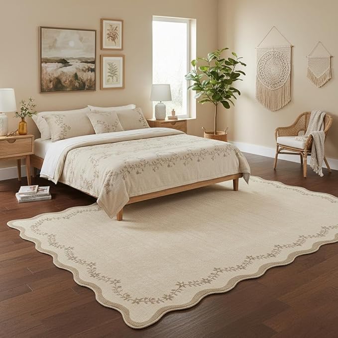 GarveeHome Scalloped Area Rugs 8x10 Large Jute Washable Living Room Rug | Soft Tan Floral Non Slip Backing Floor Mat Brown Carpet Indoor Thin Rug for Bedroom Dining Room Playroom Nursery Home Decor