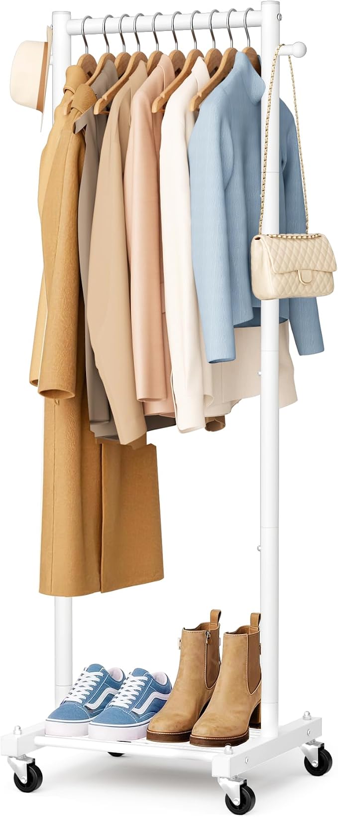 SLEEPING LAMB Small Clothes Racks for Hanging Clothes, Rolling Clothing Rack with Shelves, 60" Metal Garment Rack with Wheels Portable Wardrobe Rack for Small Space, White