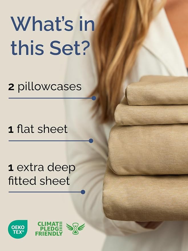 Extra Deep Queen Sheet Set - 4 Piece Breathable & Cooling - Heathered Tan | Easily Fits 18 to 24 inch Mattress - Ultra Soft, Wrinkle & Fade Free with Extra Deep Pockets - Comfy Hotel Luxury Bedding