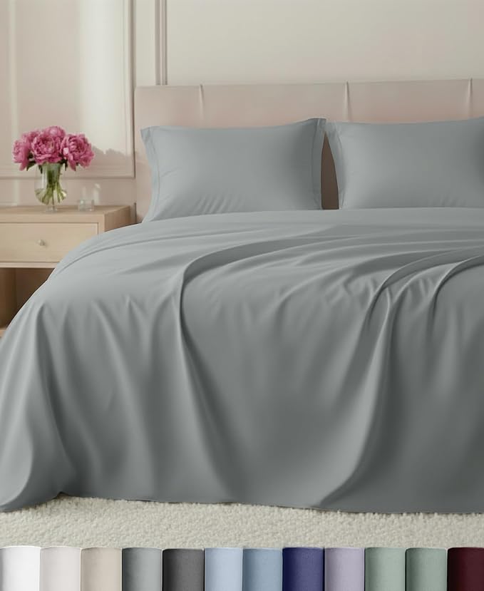 California Design Den 800 Thread Count Split King Bed Sheet Set, 5 Pcs Set | 100% Cotton Sateen, Good Housekeeping Seal, Split King Sheets Sets for Adj. Bed with 2 Sep. Twin-XL Mattresses - Light Grey