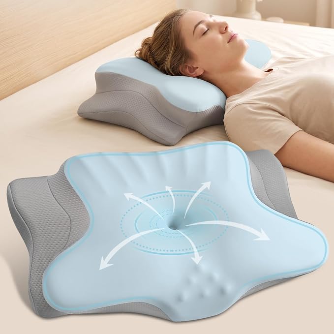 Ylekto Cervical Neck Pillow for Pain Relief - Contour Memory Foam Pillows | Ergonomic Pillow for Sleeping, Side Sleeper Pillow for Neck Support, Bed Pillow for Side Back Stomach Sleepers (Blue & Grey)