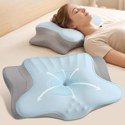 Ylekto Cervical Neck Pillow for Pain Relief - Contour Memory Foam Pillows | Ergonomic Pillow for Sleeping, Side Sleeper Pillow for Neck Support, Bed Pillow for Side Back Stomach Sleepers (Blue & Grey)