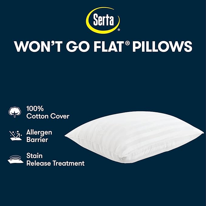Serta Won't Go Flat Down Alternative Bed Pillows, Extra Life Foam Core with Medium Support, Perfect for Back, Stomach or Side Sleepers (2 Pack), Standard/Queen, White