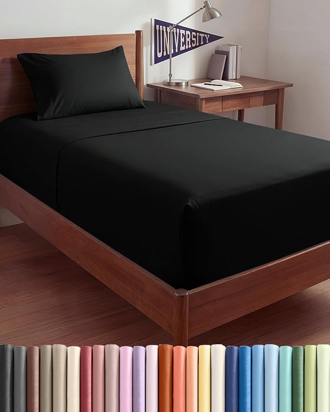 Extra Deep Twin XL Sheet Set - 3 Piece College Dorm Room - Black | Soft, Breathable & Cooling, Easily Fits 18 to 24 inch Mattress, Wrinkle Free & Fade Resistant with Extra Deep Pockets