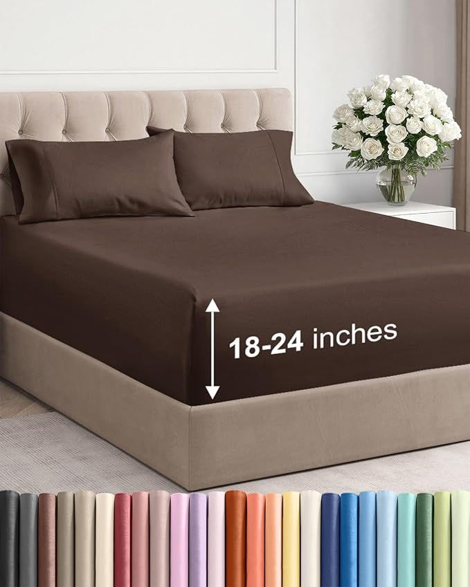 Extra Deep Twin Sheet Set - 4 Piece Breathable and Cooling Sheets - Brown | Hotel Luxury Bed Sheets Set, Easy & Secure Fit, Ultra-Soft, Wrinkle & Fade Free, Comfy Sheets Set with Extra Deep Pockets