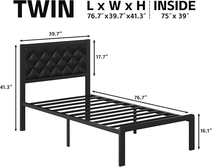 Fluest Twin Bed Frame with Headboard PU Leather Upholstered Bed Frame Platform,All Metal Slats Support Platform Bed Frame with Storage Space,Easy Assembly,Noise Free,No Box Spring Needed,Black