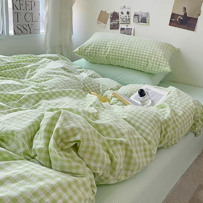 LifeTB Green Gingham Comforter Set Full Modern Style Green Grid Bed Comforter 3 Pieces Vintage Plaid Checkered Comforter with 2 Pillowcases Breathable Farmhouse Gingham Bedding Comforter Set