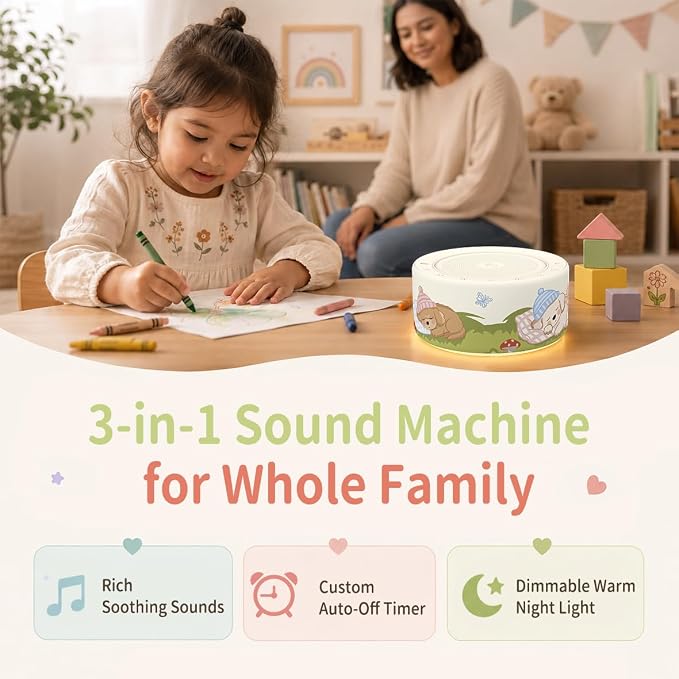 Kipcush White Noise Machine for Baby & Adults, Sleep Sound Machine with 30 Soothing Sounds, 8-Color Night Light, Memory Function, White Noise for Sleeping, Nursery, Office, Travel, Relaxation