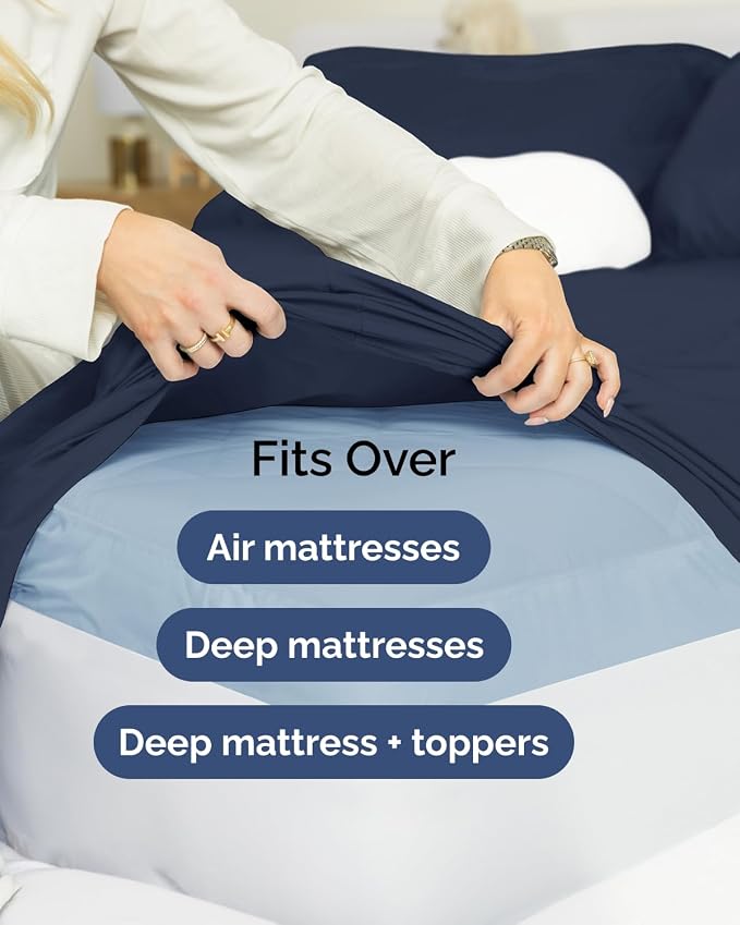Extra Deep Flex Top Split Head King Sheet Set - 6 Piece Breathable and Cooling Sheets - Hotel Luxury Bedding for Women, Men, Kids & Teens - Easy Secure Fit - Extra Deep Pockets - Navy Blue