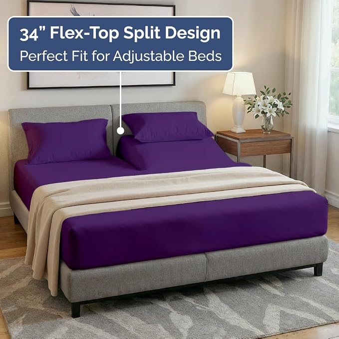 Flex Top Split Head King 4 Piece Sheet Set - Ultra-Soft & Cooling - Purple | Cooling Bed Sheets Set, Hotel Luxury Bedding for Women & Men with Deep Pockets, Wrinkle Free & Fade Resistant, Oeko-Tex