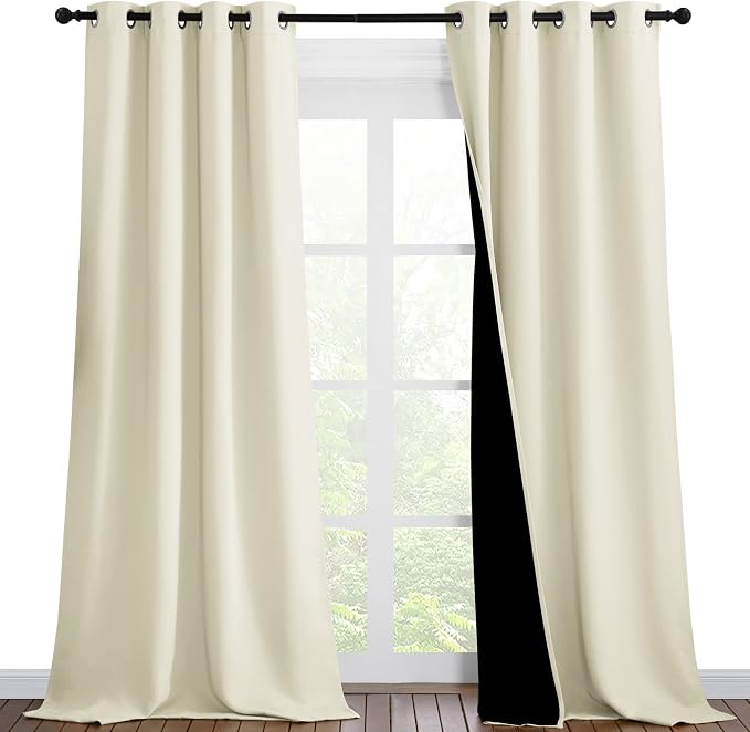 NICETOWN Beige Blackout Curtains for Patio 46" Wide x 90" Long 2 Panels | Thermal Insulated 100% Room Darkening Noise Reducing Performance Drapes with Black Lining, Full Light Blocking Home Decor