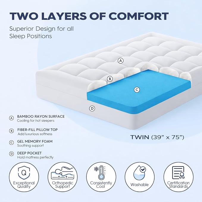 ELEMUSE 3 Inch Twin Dual Layer Memory Foam Mattress Topper with Pillowtop | 2 Inch Cooling Gel Foam,1 Inch Soft Pillowtop Pad, Pressure Relief Bed Topper, Comfortable Support