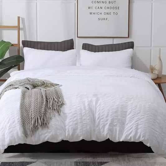 AveLom Seersucker Duvet Cover Set Oversized Queen Size White (98 x 98 inches), 3 Pieces (1 Duvet Cover, 2 Pillow Cases), Soft Washed Microfiber Textured Duvet Cover with Zipper Closure, Corner Ties