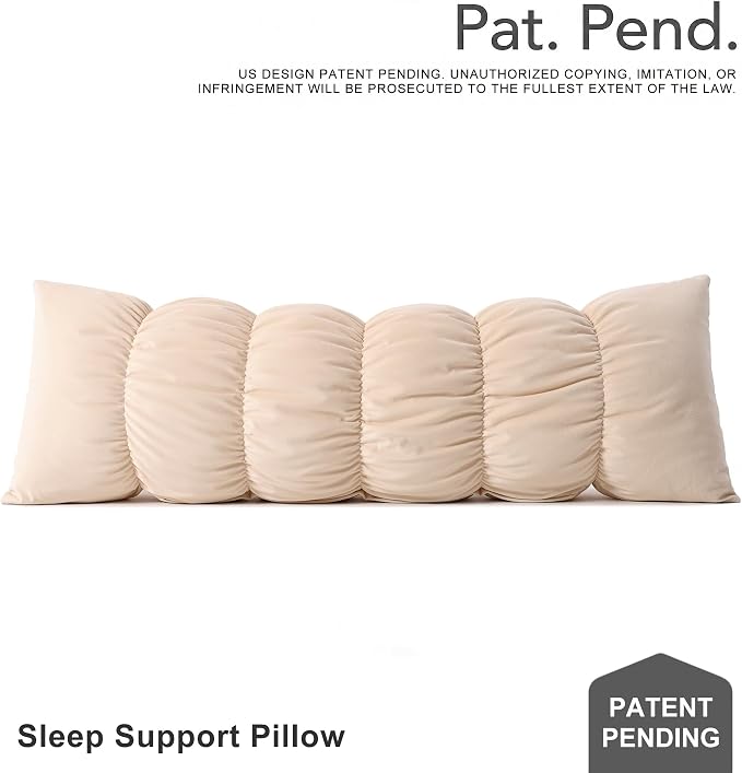 Pat. Pend. Segmented Body Pillow for Side Sleepers, 59 Inch, Beige | Full body pillow for adults with a removable, washable soft velvet cover; segmented long bed pillow for side sleeping.
