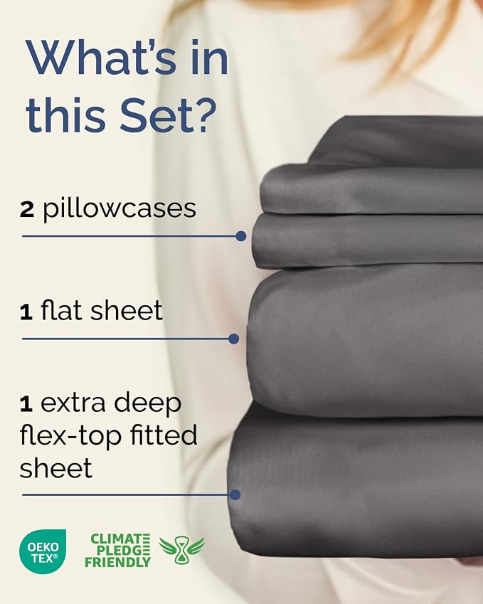 Flex Top Split Head King Sheet Set - 4 Piece Extra Deep Sheets - Dark Grey | Easily Fits 18 to 24 inch Mattress, Ultra Soft, Wrinkle & Fade Free with Extra Deep Pockets, Comfy Hotel Luxury Bedding