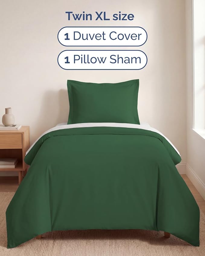 Duvet Cover Twin/Twin XL - 2 Piece with Zipper Closure - Emerald Green | Extra Soft, Breathable, Twin/Twin XL Duvet Cover 68" x 90" w/ 1 Pillow Sham, Zipper Closures & Ties, Women, Men, Kids & Teens