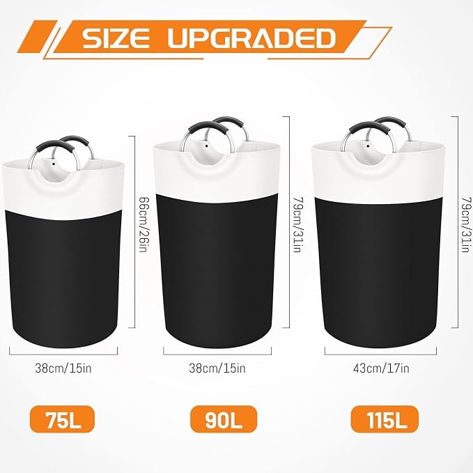 BlissTotes 90L Laundry Basket, Freestanding Collapsible Hamper, Black | Collapsible Dirty Clothes Hamper, Foldable Laundry Bag for Dorm, Waterproof Fabric, Padded Aluminum Handles