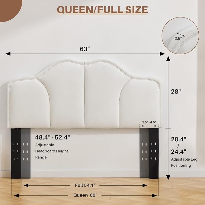 Queen Size Headboard Only Upgraded One-Piece Upholstered Headboard | Adjustable Height&Width, Full Bed Headboards, Modern Curved Velvet Fabric Padded Head Board, White