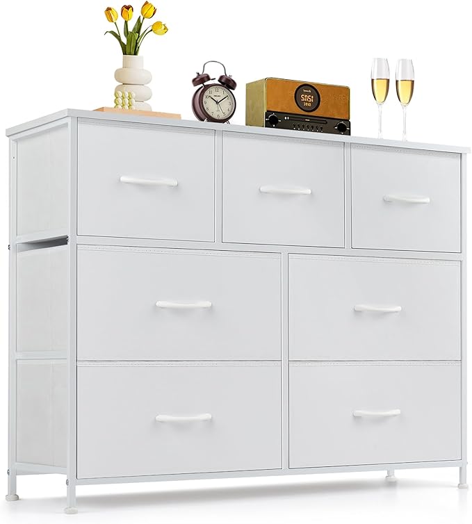 7-Drawer Dresser for Bedroom, Anti-Tip Wide Storage Organizer Fabric | Chest of Drawers TV Stand for 45" TV with Wooden Top and Metal Frame for Closet, Living Room, Hallway, Entryway, White