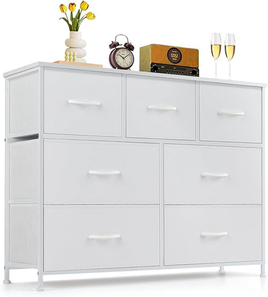 7-Drawer Dresser for Bedroom, Anti-Tip Wide Storage Organizer Fabric | Chest of Drawers TV Stand for 45" TV with Wooden Top and Metal Frame for Closet, Living Room, Hallway, Entryway, White