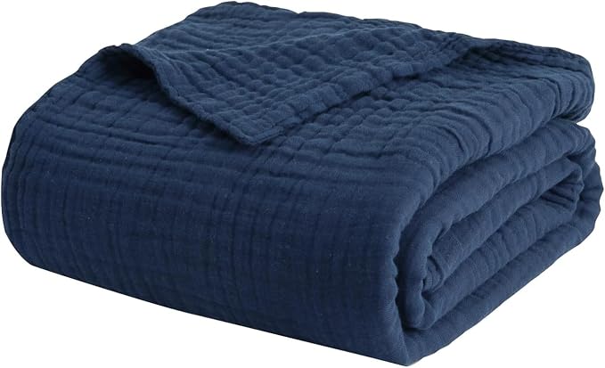 EMME Muslin Blankets for Adults Throw Blanket for Couch Breathable Gauze Soft Lightweight Airy Navy Throw XL 50" x 71"