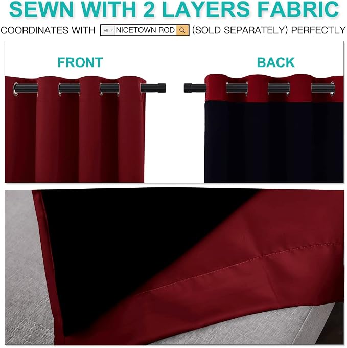 NICETOWN Burgundy Red Blackout Curtains for Living Room 52" x 84" 2 Panels | 100% Blackout Cold Blocking with Black Liner Backing, Thermal Insulated Noise Reducing Drapes Room Darkening Window Treatment