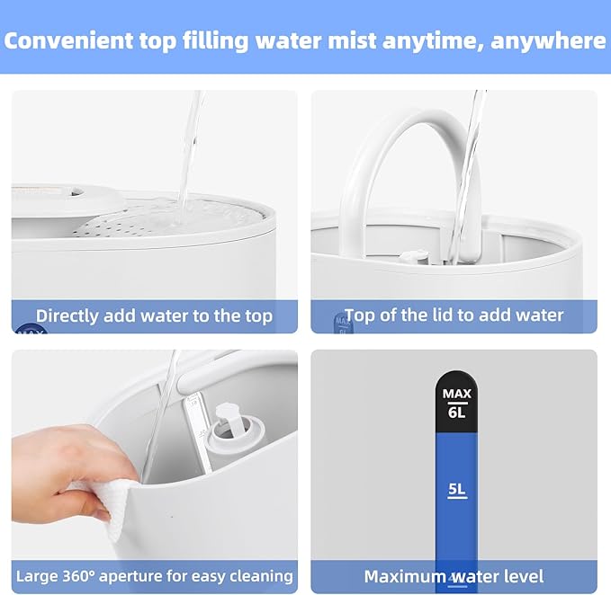Coolfiqu 6L Warm & Cool Mist Humidifiers for Bedroom,Large Room,Plants | Quiet Top Fill Ultrasonic Humidifier,Essential Oil Diffuser, Auto Humidity Control,Hot Mist Desk Humidifiers,360° Nozzle
