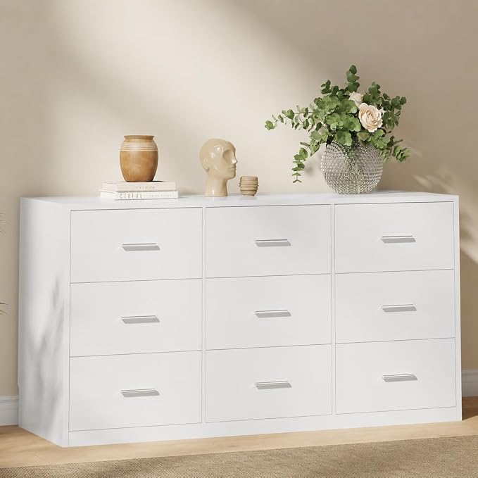 Dresser for Bedroom with 9 Drawers, 14.2"D X 59.1"W X 29.5"H, White | Modern Chest of Drawers with Hidden Drawer,Wood Storage Dresser, Storage Organizer for Living Room, Closet, Hallway