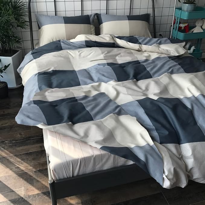 LifeTB California King Comforter Set Modern Style Plaid Checkered Pattern Comforter with 2 Pillow Shams Soft Microfiber Vintage Grid Plaid Bedding Set Lightweight Farmhouse Checked Comforter Set