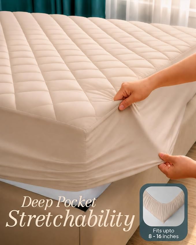 Quilted Mattress Pad, Full Mattress Protector Topper fits 16" Deep, Beige | Soft Breathable Fitted Mattress Cover, Noiseless, Deep Pockets & Machine Washable for Home & Hotels by Utopia Bedding