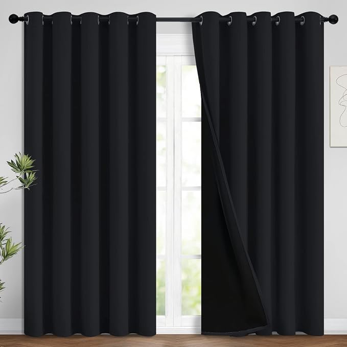 Yakamok Black 100% Blackout Curtains 96 Inches Long for Bedroom 62" Wide | Blackout Curtain Panels for Bedroom, 2 Thick Layers Grommet Top Thermal Insulated Drapes with Black Liner for Living Room