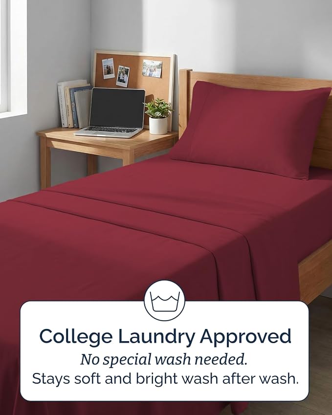 Extra Deep Twin XL Sheet Set - 3 Piece College Dorm Room - Burgundy | Soft, Breathable & Cooling, Easily Fits 18 to 24 inch Mattress, Wrinkle Free & Fade Resistant with Extra Deep Pockets