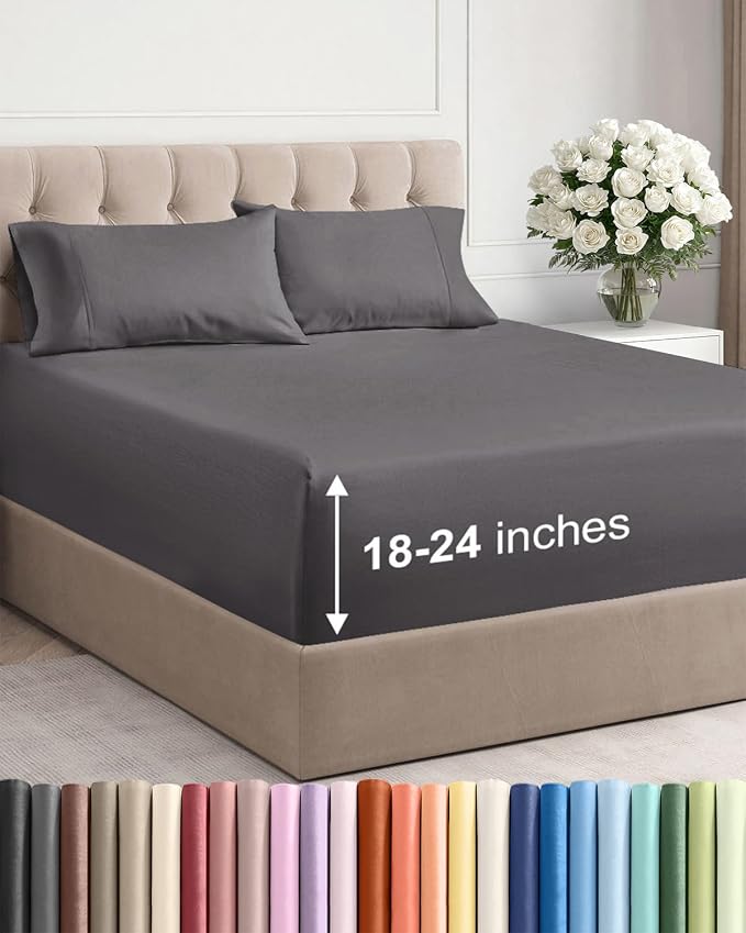 Extra Deep Twin Sheet Set - 4 Piece Breathable and Cooling Sheets - Grey | Hotel Luxury Bed Sheets Set, Easy & Secure Fit, Ultra-Soft, Wrinkle & Fade Free, Comfy Sheets Set with Extra Deep Pockets