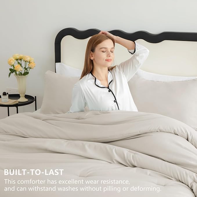 Queen Comforter Set, 3 Pieces Down Alternative Bedding, Beige | 270 GSM All Season Comforter with 4 Corner Ties for Use as a Duvet Insert, OEKO-TEX Certified, 2 Pillowcases, 88 x 88 in